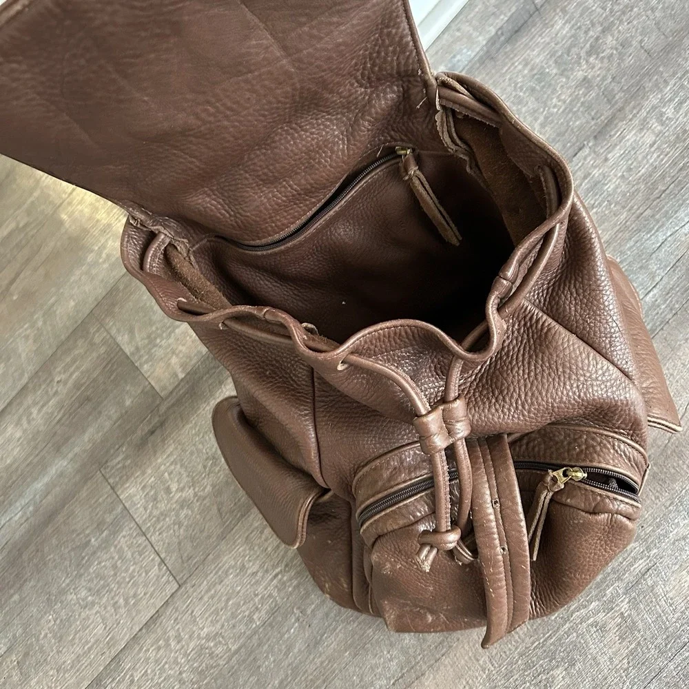Handmade Genuine Leather Drawstring Backpack Brown Vintage Multi Pocket